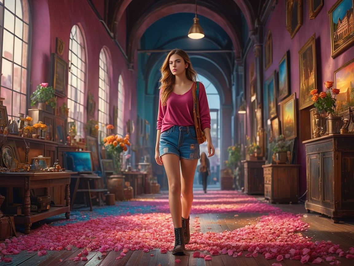 Young woman in stylish outfit in vibrant corridor