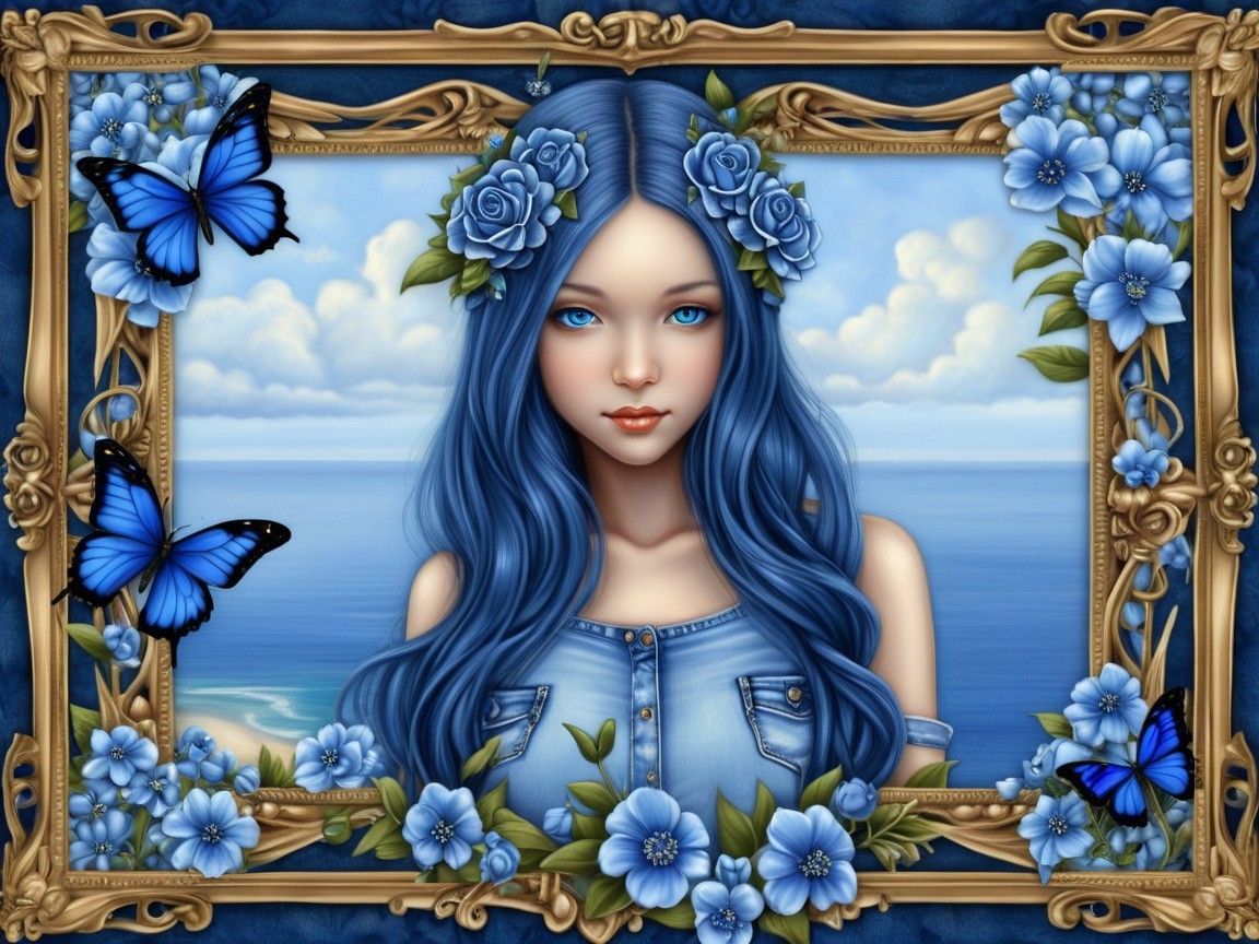 Young woman with blue hair in ornate golden frame