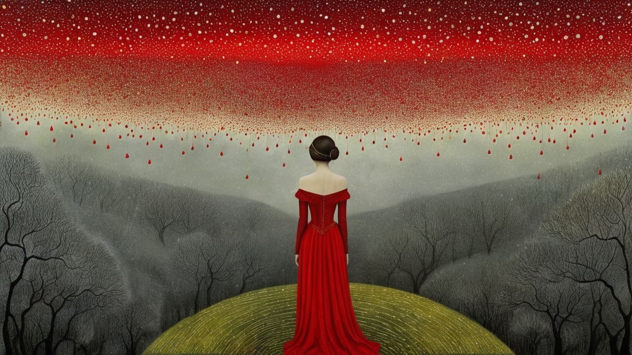 Woman in red gown on hill under starry sky