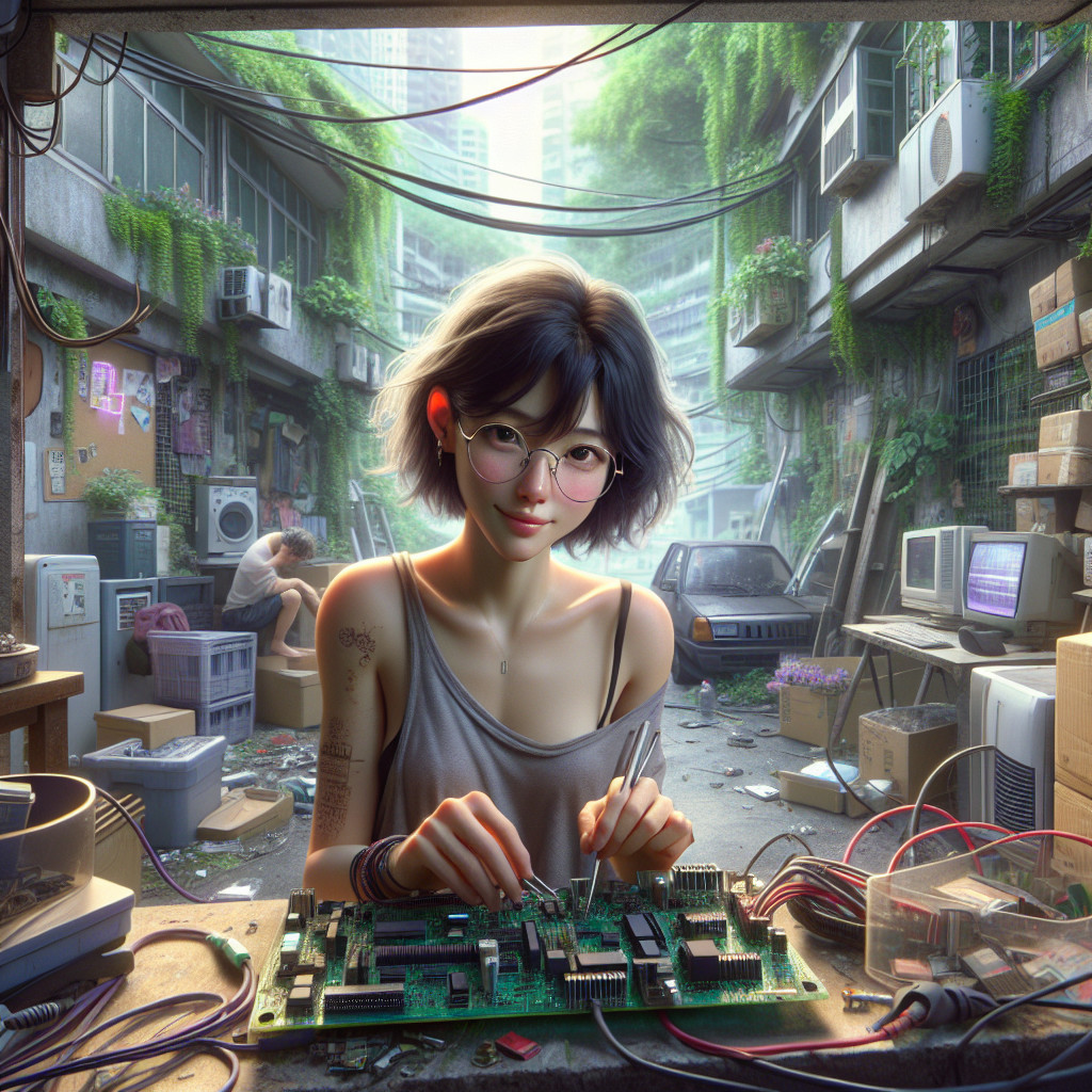 Young Woman Working on Circuit Board in Urban Jungle
