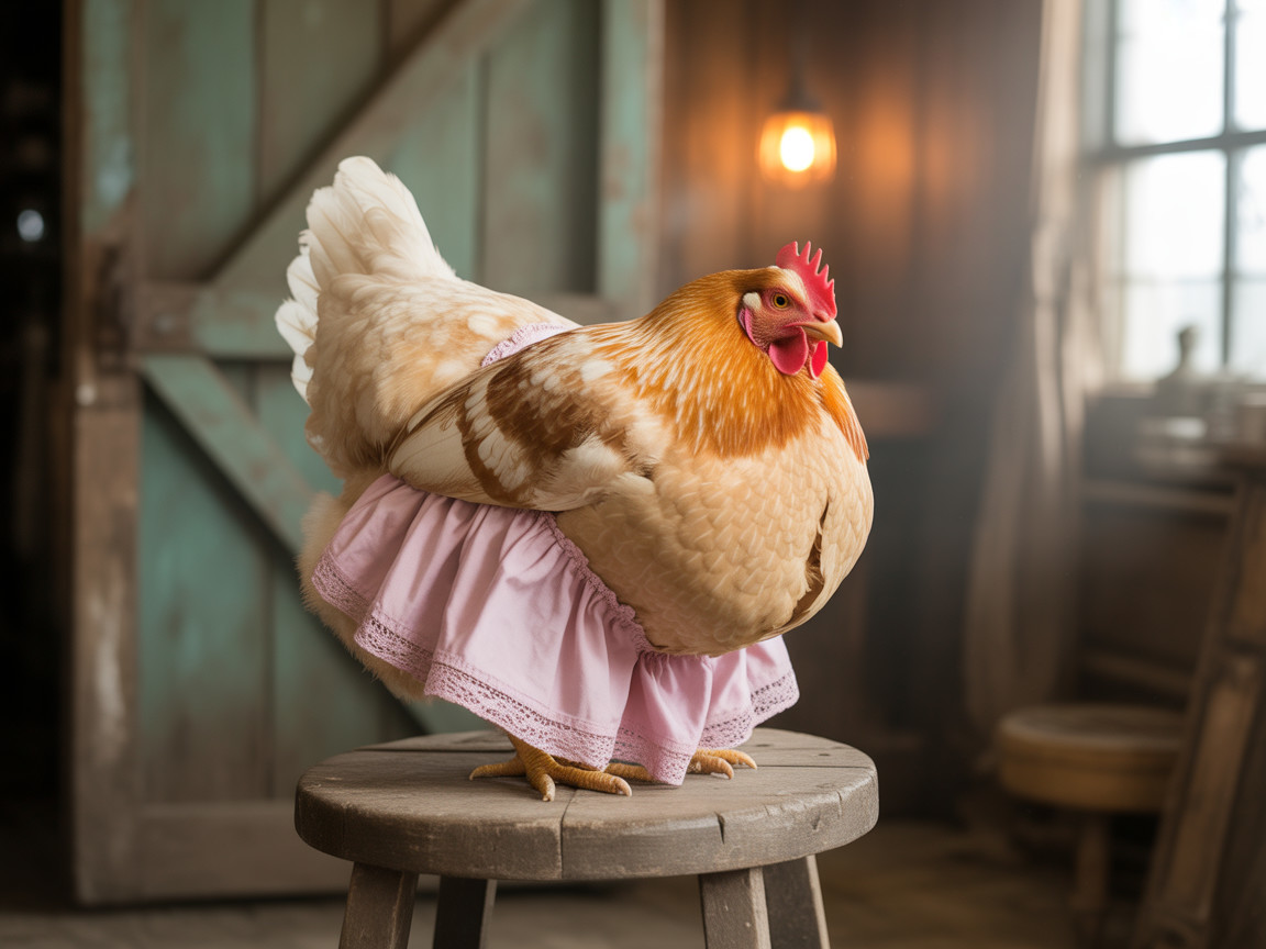 Chicken in Frilly Pink Skirt on Wooden Stool