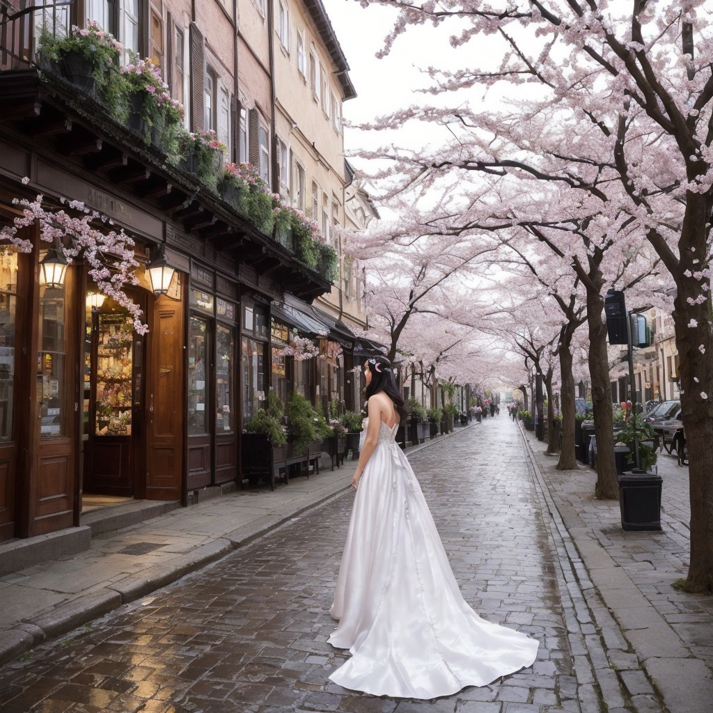 Bride in a Cherry Blossom-Lined Cobblestone Street