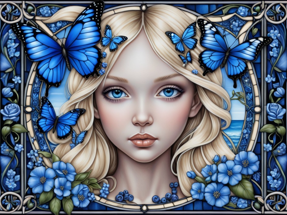 Serene Portrait of Young Woman with Butterflies and Flowers