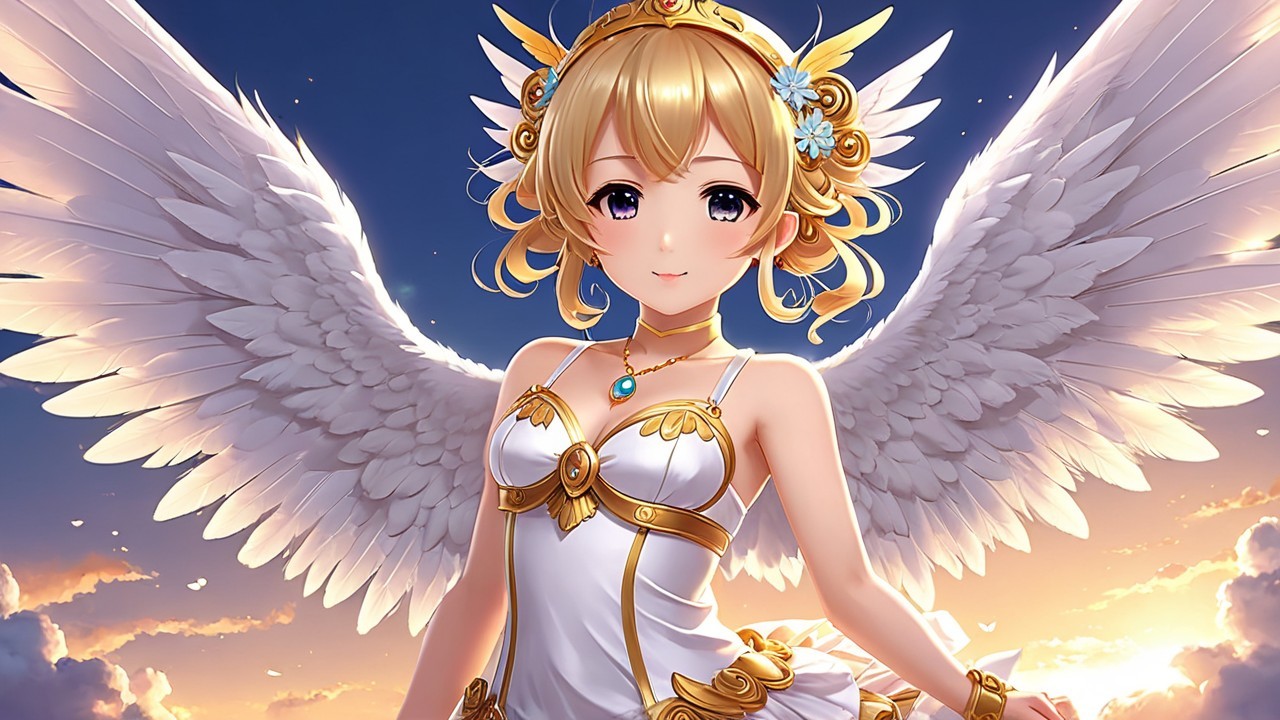Celestial Character with Wings and Floral Adornments