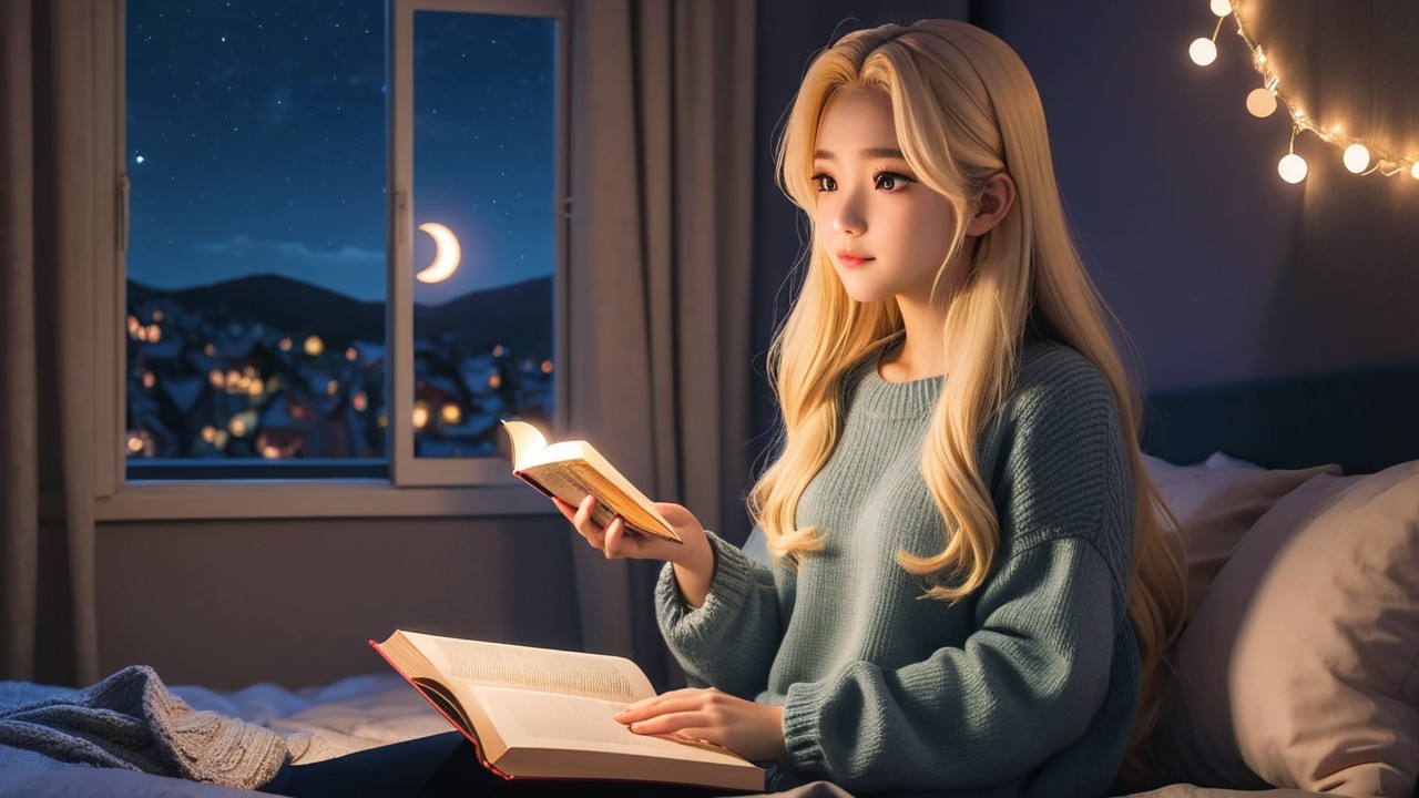 Young Woman Reading in Cozy Room with Starry View