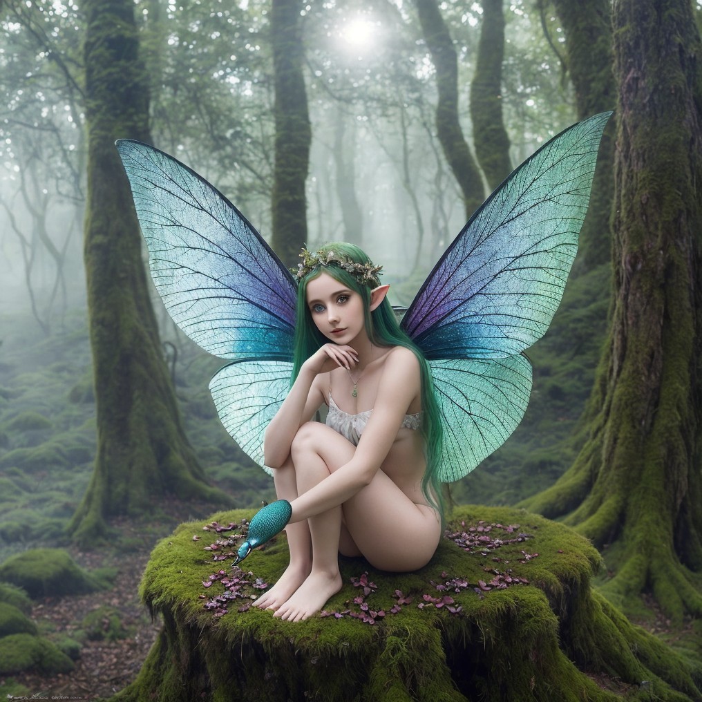 Fairy with Iridescent Wings in Enchanted Forest