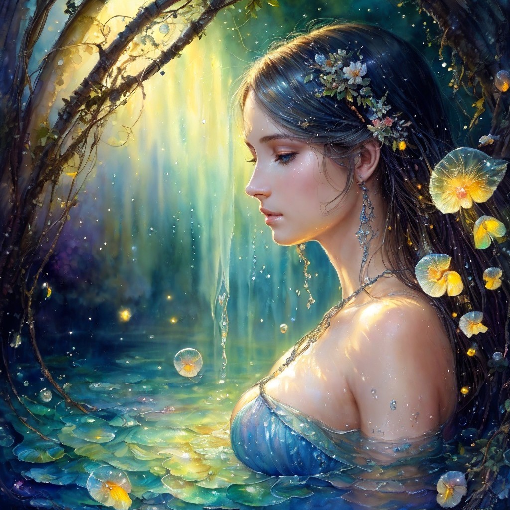 Young Woman in Tranquil Forest Pool with Flowers