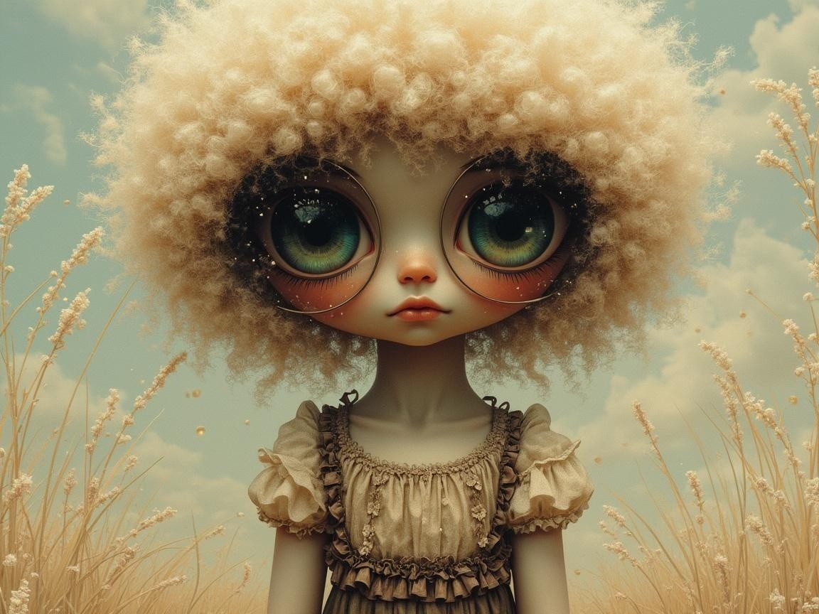 Fantastical character in a field under pastel sky