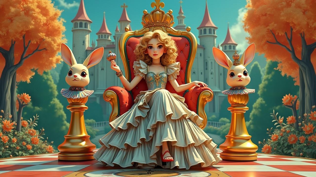 Regal girl on throne with ice cream and whimsical bunnies