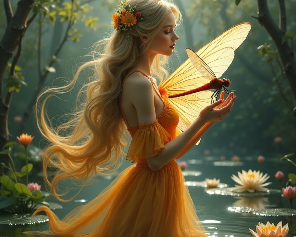 Young Woman in Yellow Dress by Tranquil Pond