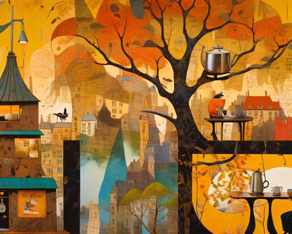 Whimsical Autumn Mural with Cozy Café Scene