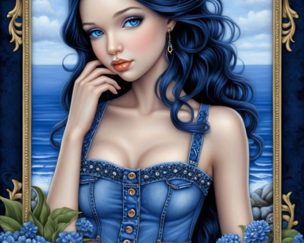 Young woman with blue hair amidst hydrangeas and ocean