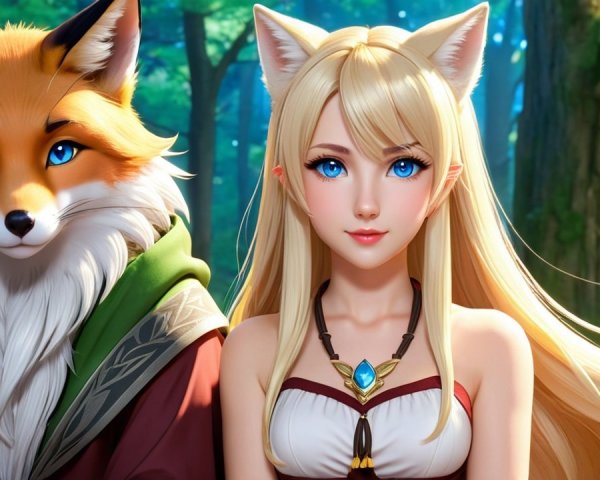 Young Woman with Fox in a Magical Forest Setting