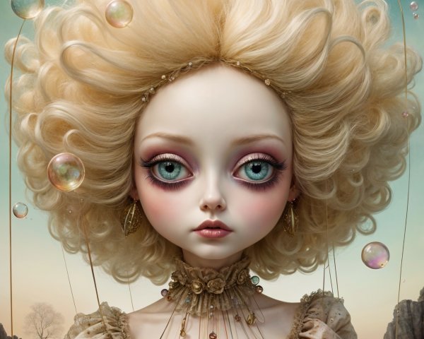 Whimsical doll figure in vintage dress with pastel colors