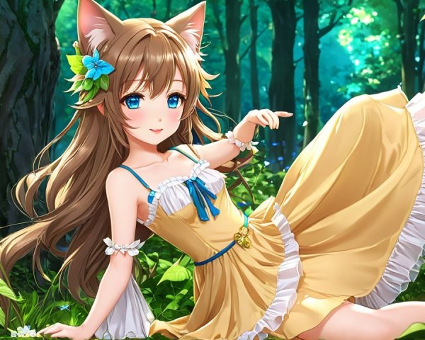 Anime-Style Girl with Cat Ears in Vibrant Forest
