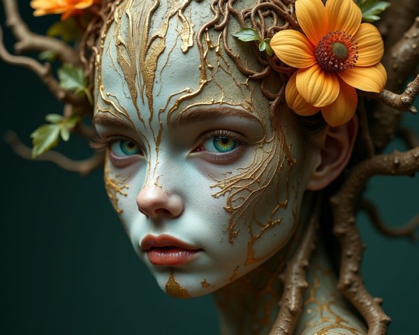 Portrait of a Young Woman with Nature-Inspired Body Art
