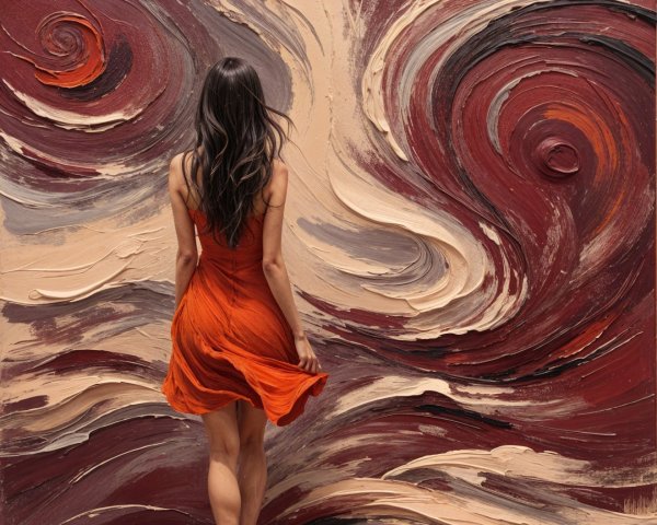 Woman in Orange Dress in Abstract Colorful Landscape