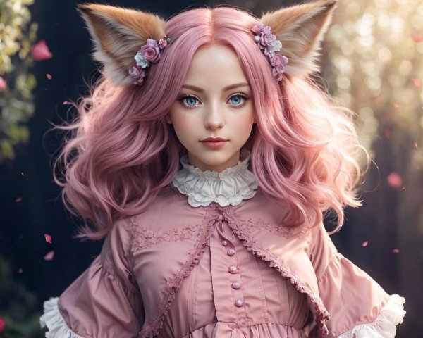 Doll-like character with pink hair and vintage dress