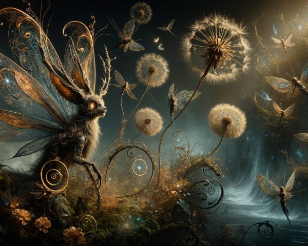 Enchanted Scene with Mystical Creature and Fairies