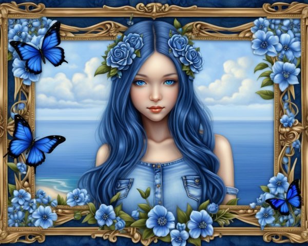 Young woman with blue hair in ornate golden frame