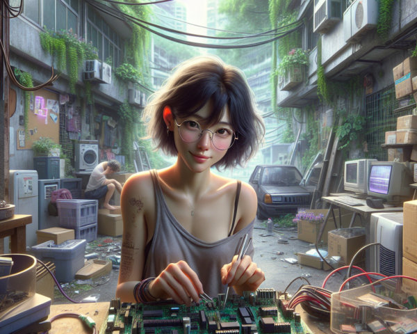 Young Woman Working on Circuit Board in Urban Jungle