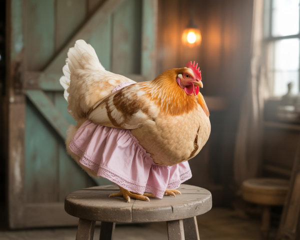 Chicken in Frilly Pink Skirt on Wooden Stool