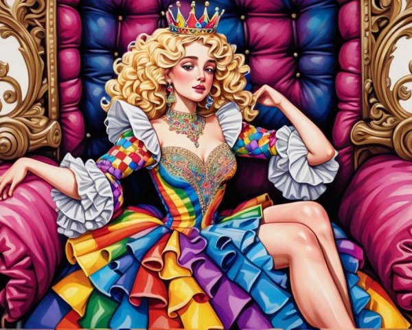Glamorous figure in ornate throne with vibrant attire