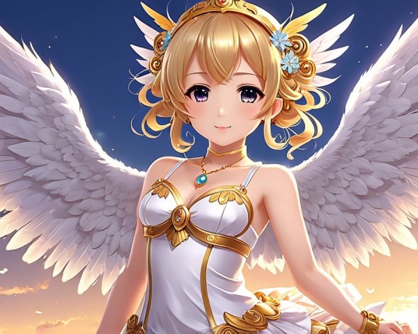 Celestial Character with Wings and Floral Adornments
