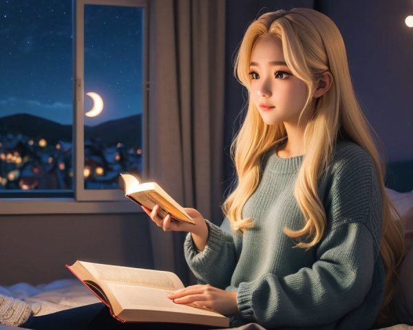 Young Woman Reading in Cozy Room with Starry View