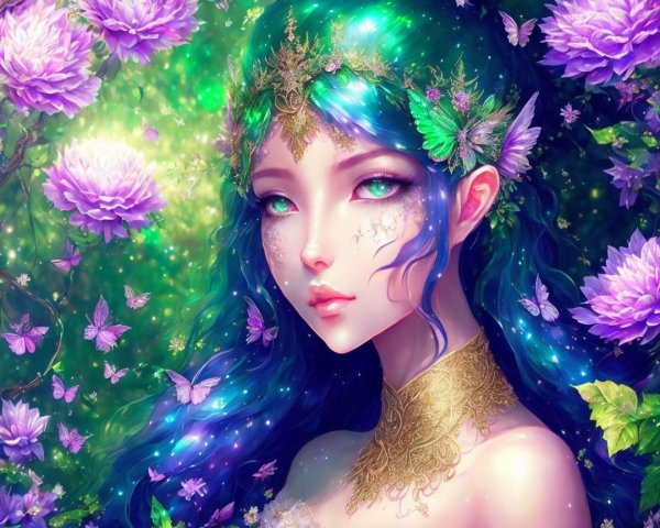 Mystical figure with blue-green hair in floral setting