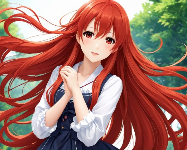 Young woman with red hair in sunlit park setting