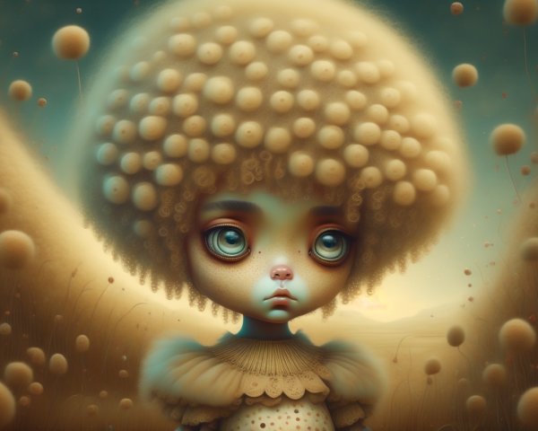 Whimsical Character in Dreamlike Landscape with Orbs