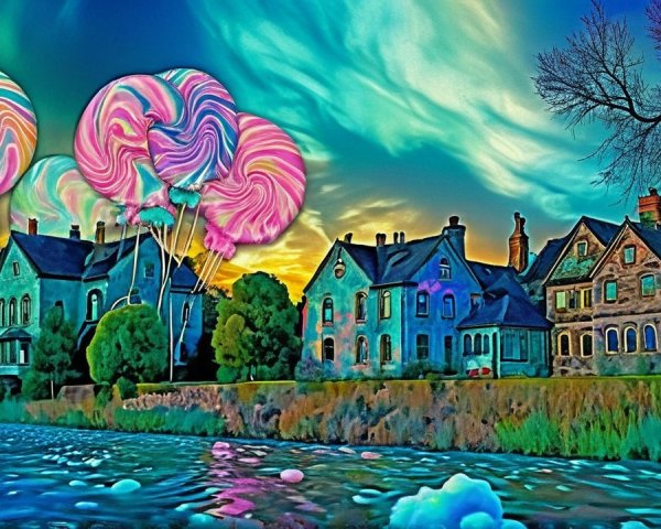 Vibrant Landscape with River and Floating Lollipops