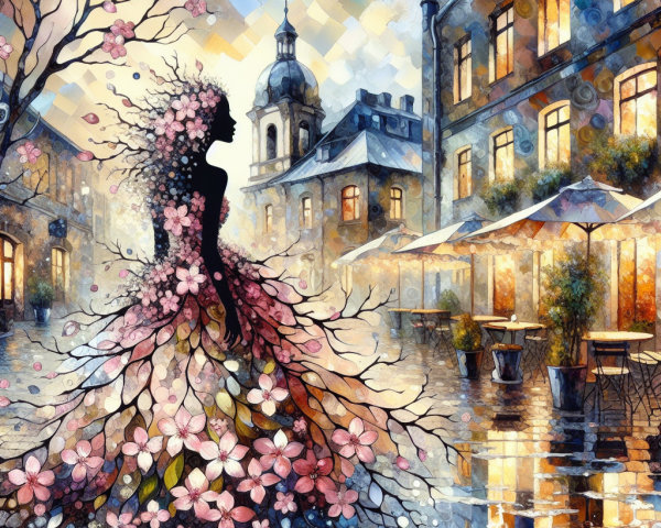 Silhouette of Woman in Floral Gown on Rainy Street