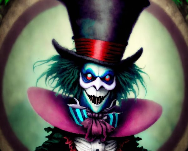 Sinister figure with green hair and glowing red eyes