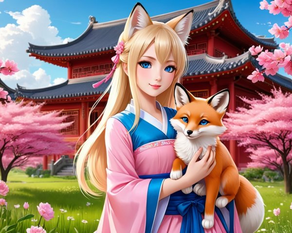 Young Woman with Fox Ears in Cherry Blossom Scene