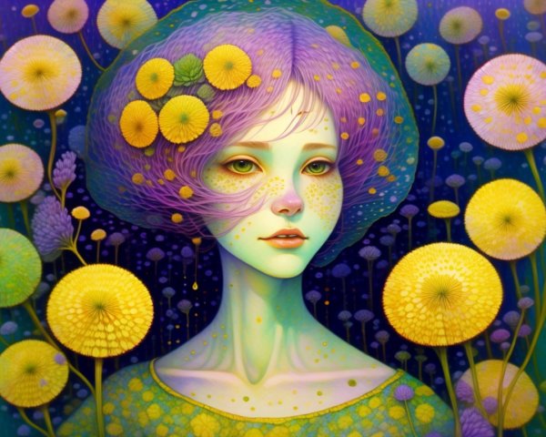 Otherworldly figure with lilac hair and flowers