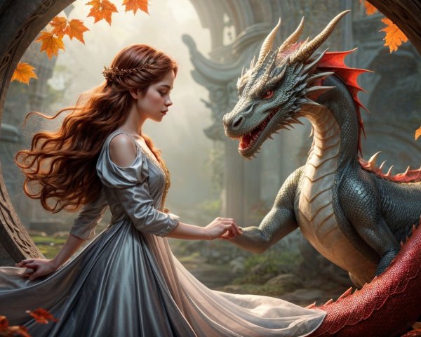 Young Woman and Dragon in Enchanted Forest Setting