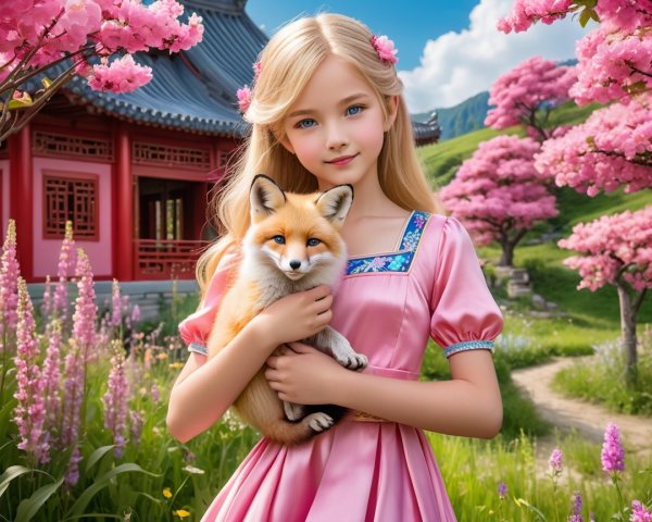 Young girl in pink gown with fox in cherry blossoms