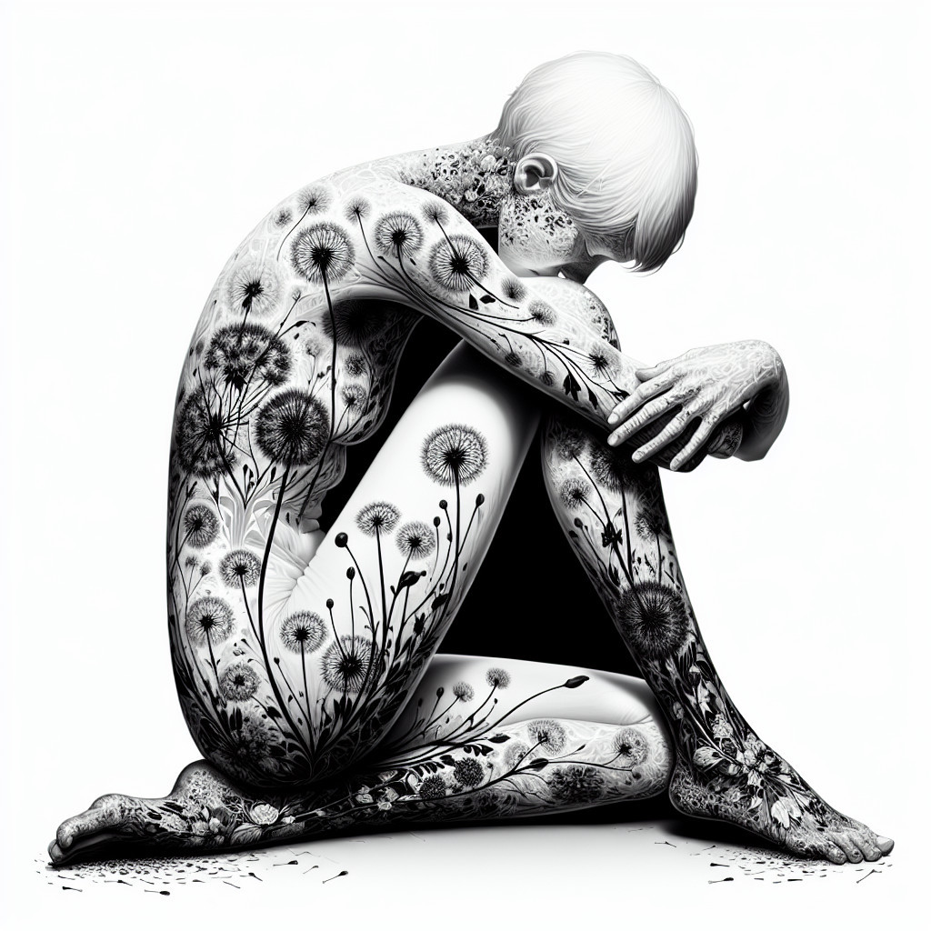 Contemplative Figure with Floral Patterns on Skin