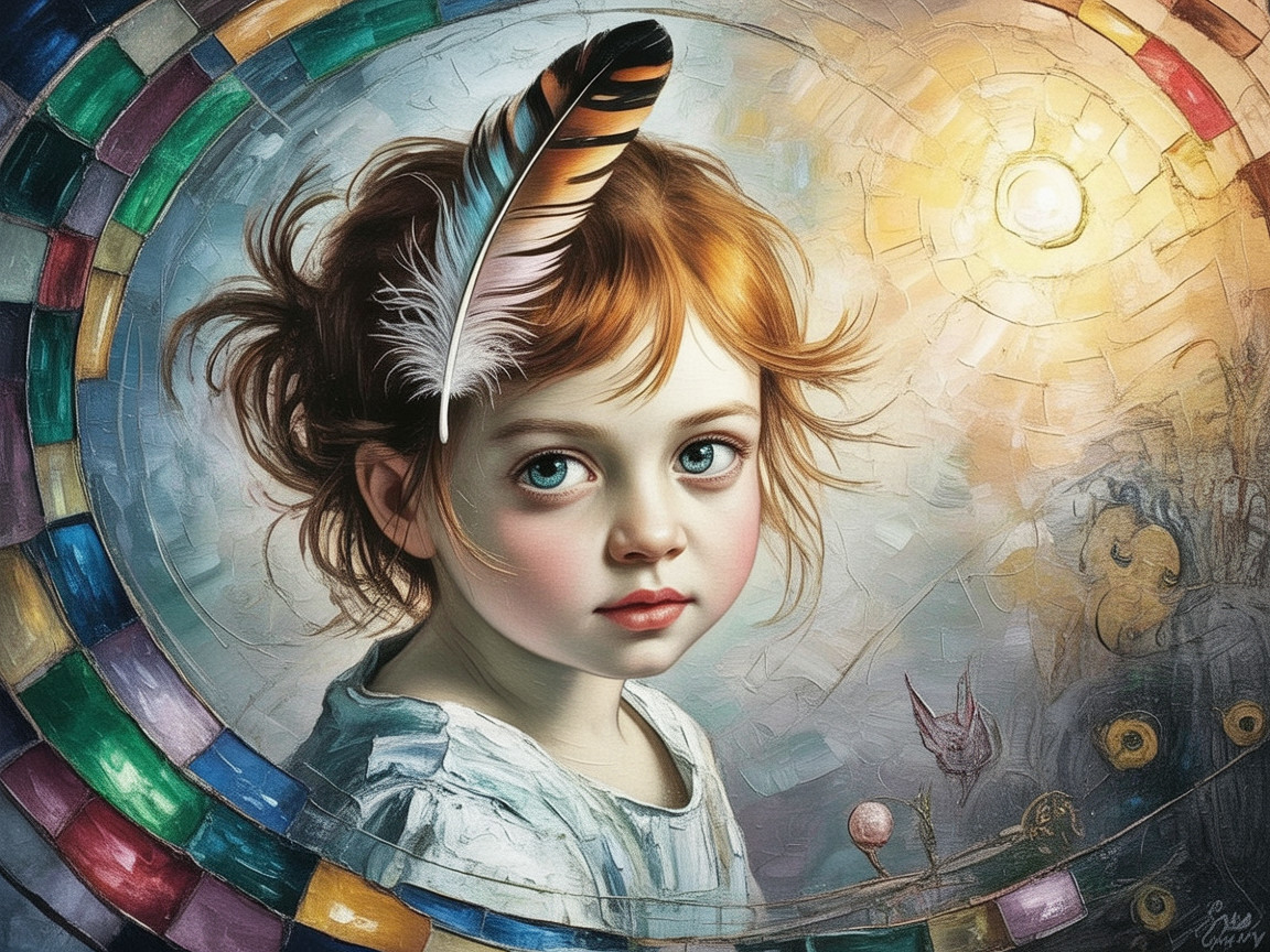 Young girl with blue eyes in colorful mosaic frame