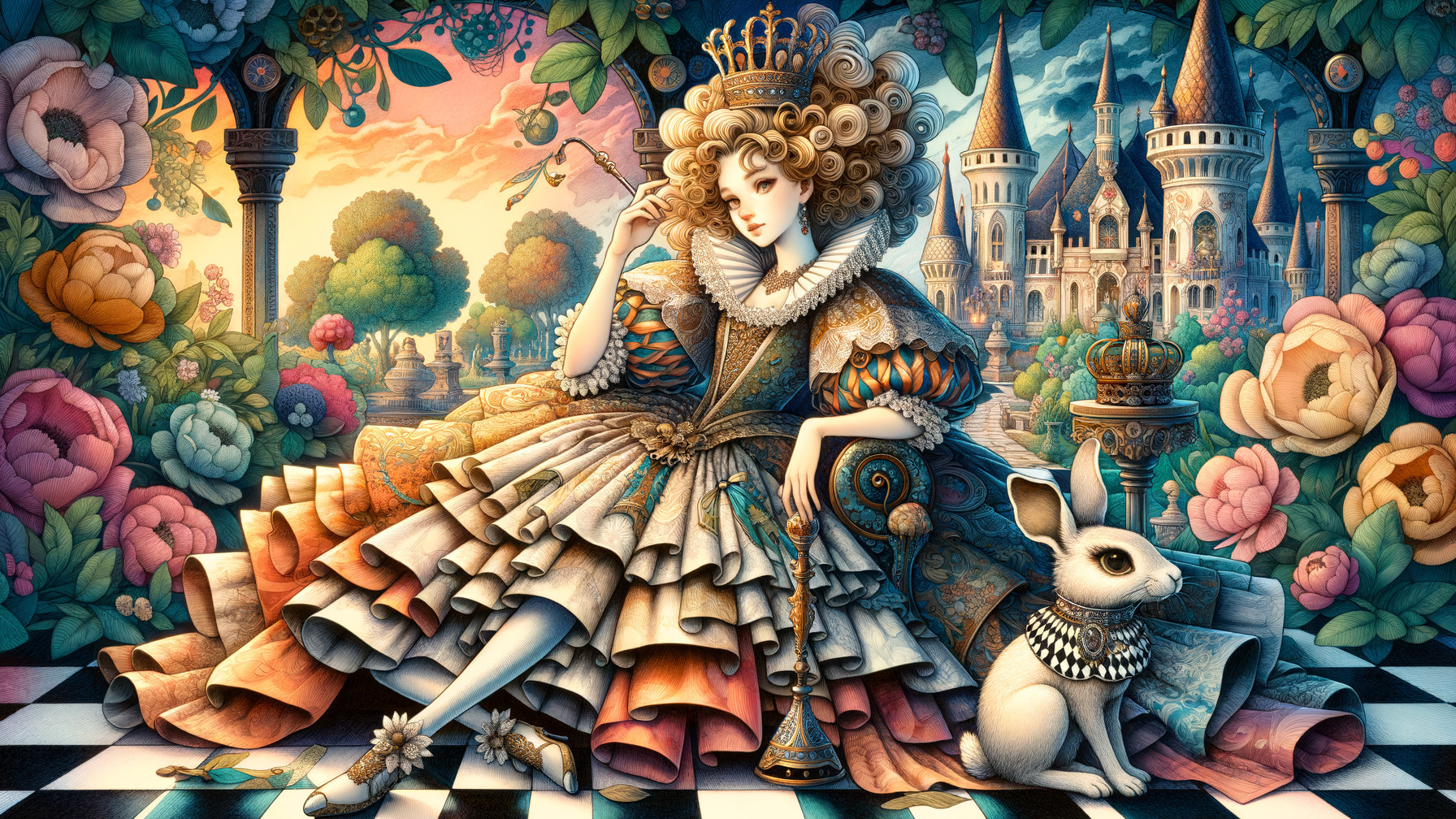Regal figure in opulent gown with whimsical backdrop