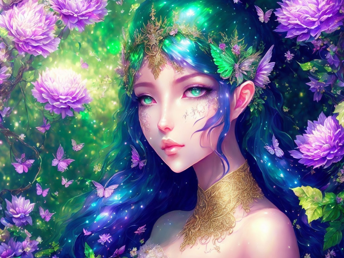 Mystical figure with blue-green hair in floral setting