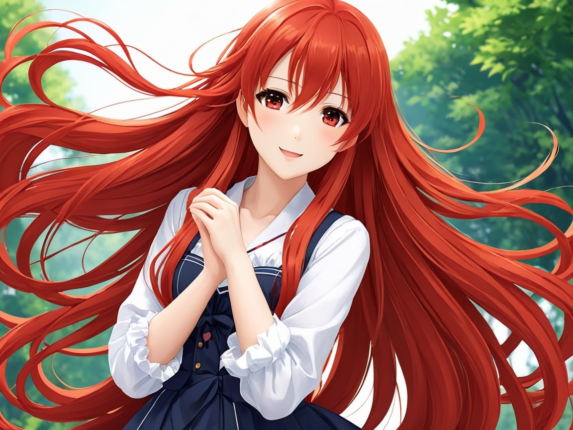 Young woman with red hair in sunlit park setting