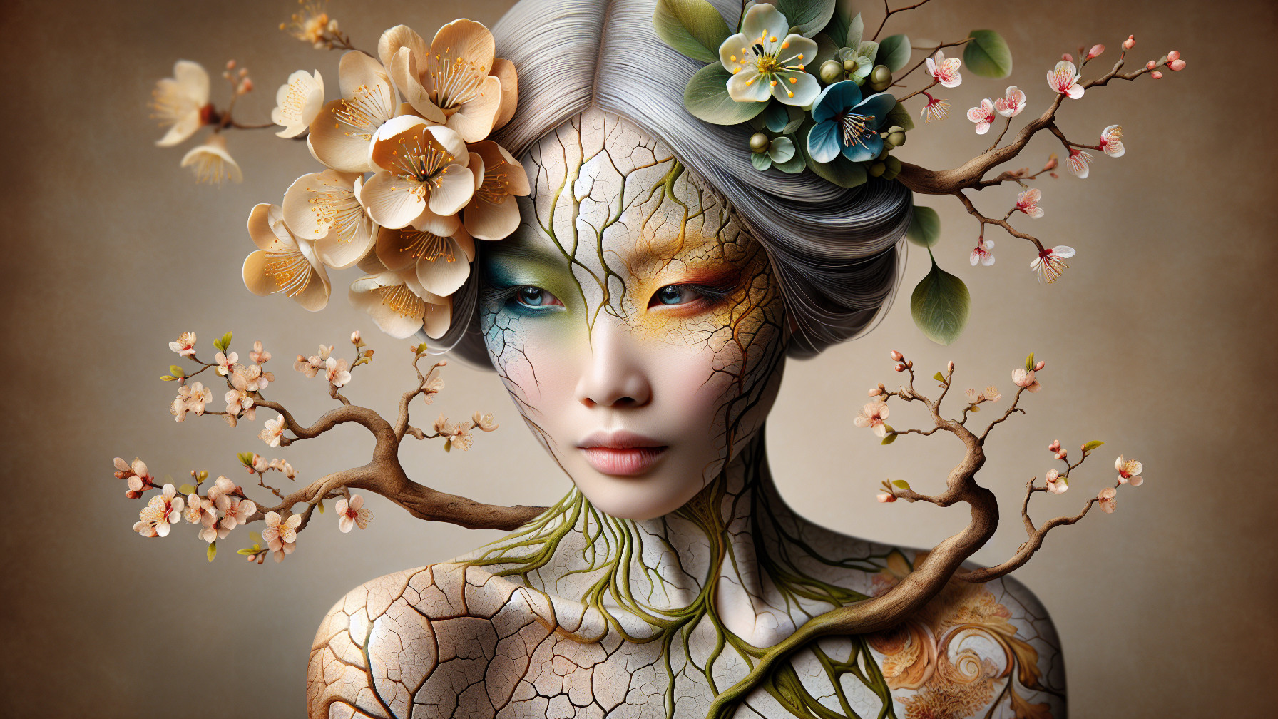 Female Figure with Intricate Body Art and Floral Elements