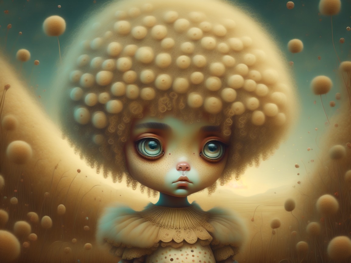 Whimsical Character in Dreamlike Landscape with Orbs