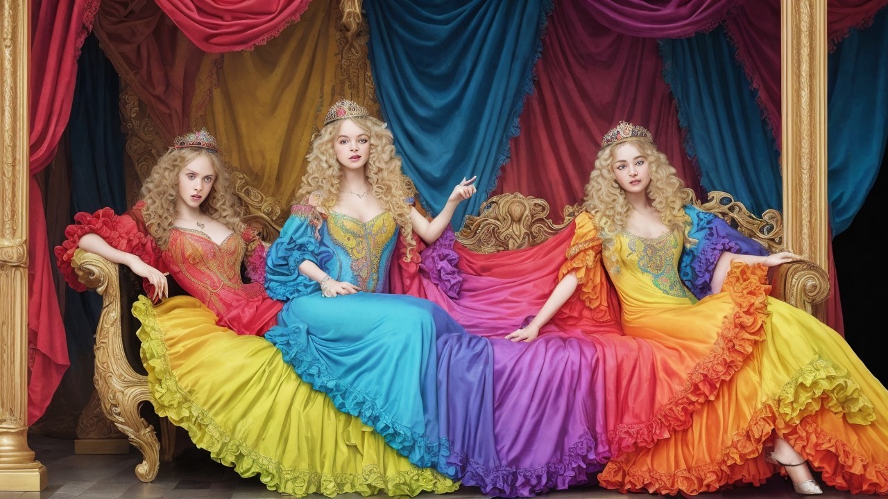 Elegant Women in Colorful Gowns on Ornate Couch