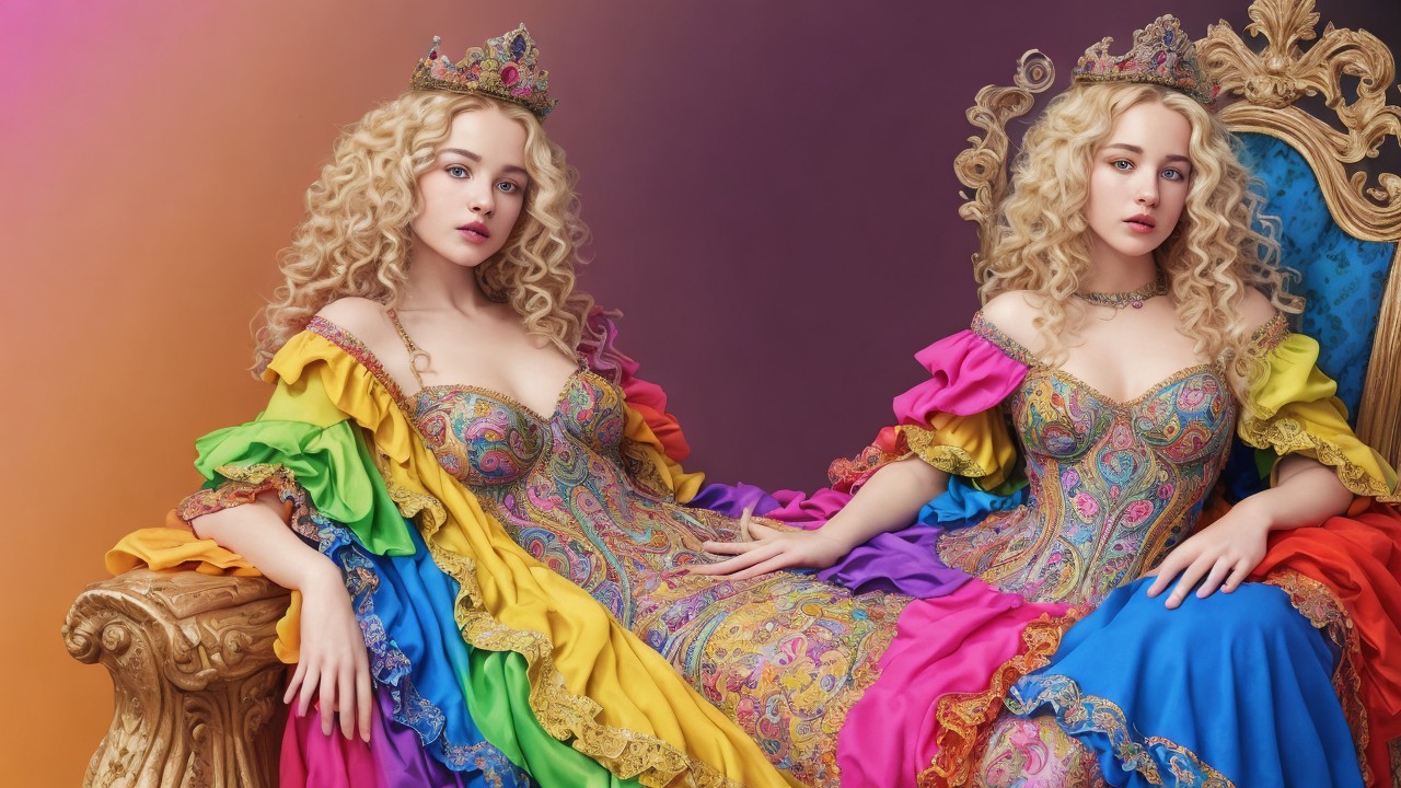 Elegant Women on Lavish Throne in Vibrant Gowns