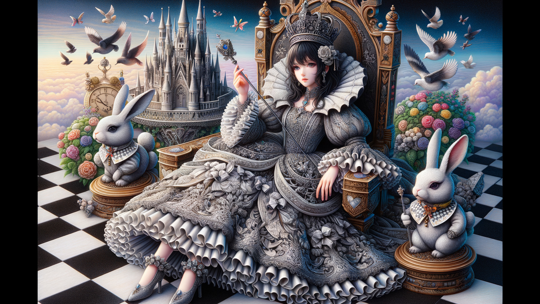 Regal figure on throne with rabbits and magical castle