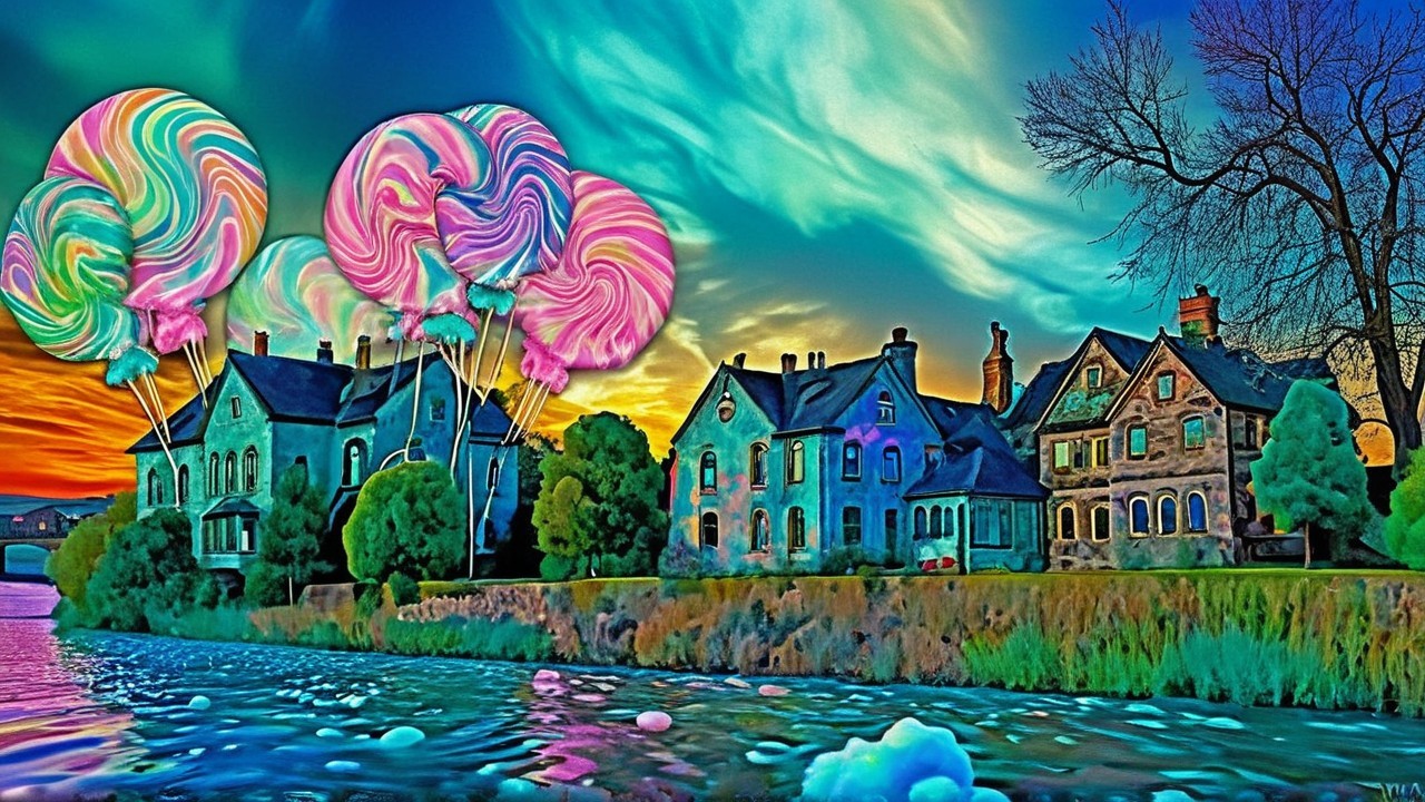 Vibrant Landscape with River and Floating Lollipops